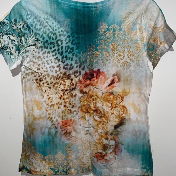 Christopher & Banks Women's Teal Gold Embellished Short Sleeve T-Shirt Small - Picture 6 of 7